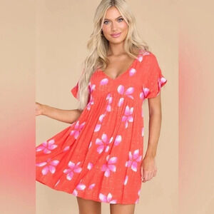 Red Romper dress V-neck short sleeves pockets floral print skort flowy summer